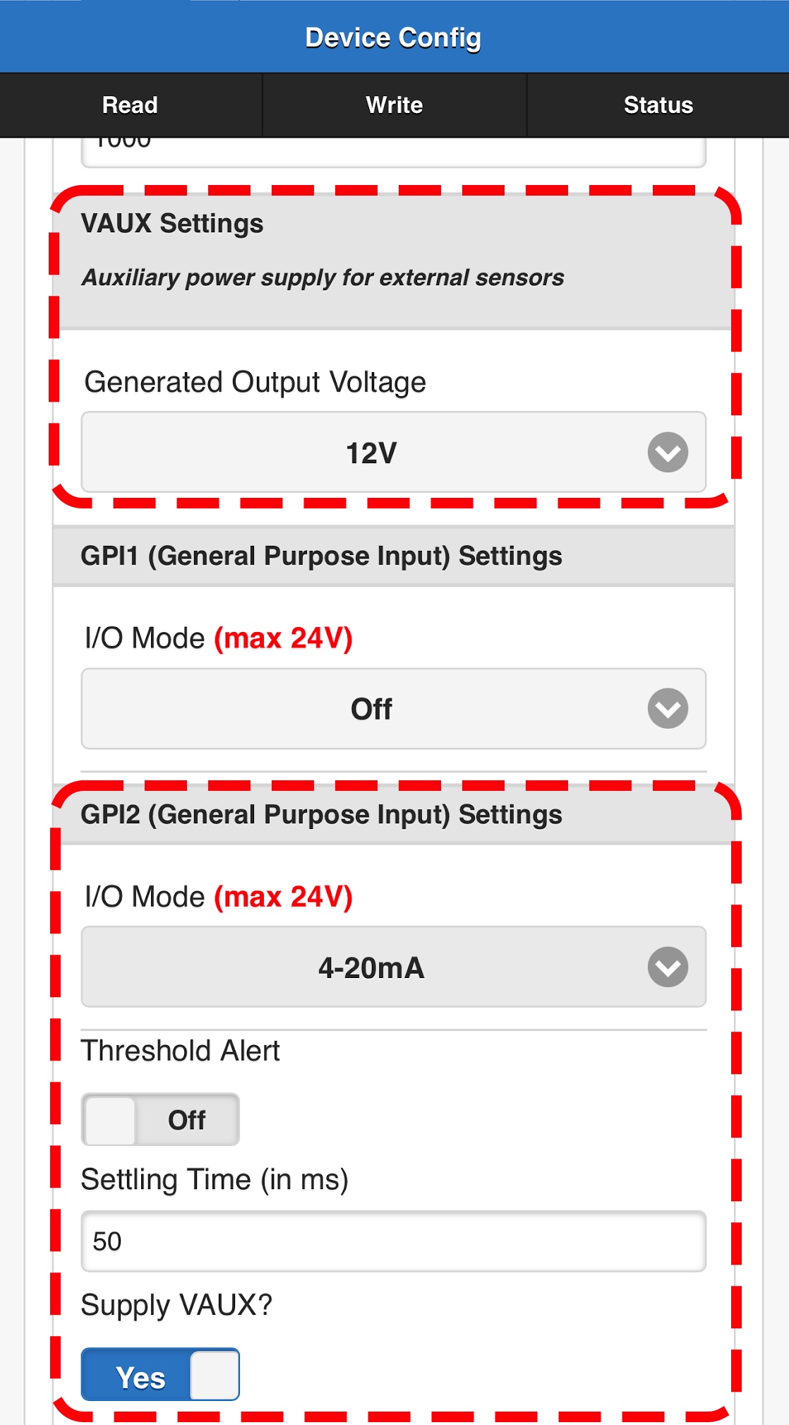 image showing ZenConfig mobile app's configuration page for setting up 4-20mA mode on GPI2 and VAUX for a current (4-20mA) pressure transducer 